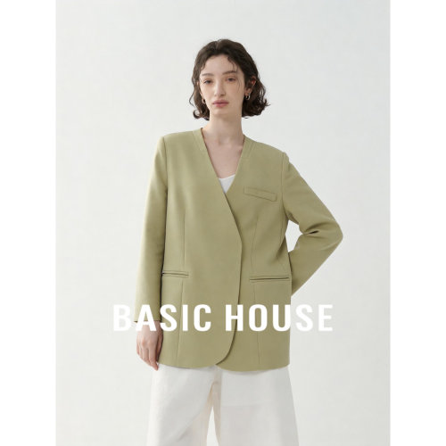 Basic House/百家好极简风V领西装女通勤廓形宽松设计感气质外套