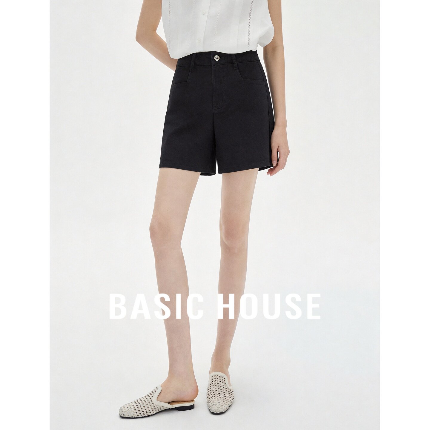 Basic House/百家好高腰黑色牛仔短裤女夏季简约百搭显瘦休闲热裤