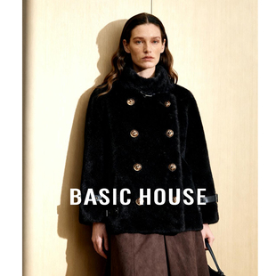 Basic House/百家好毛茸茸外套女小个子仿水貂绒加厚时尚高领上衣