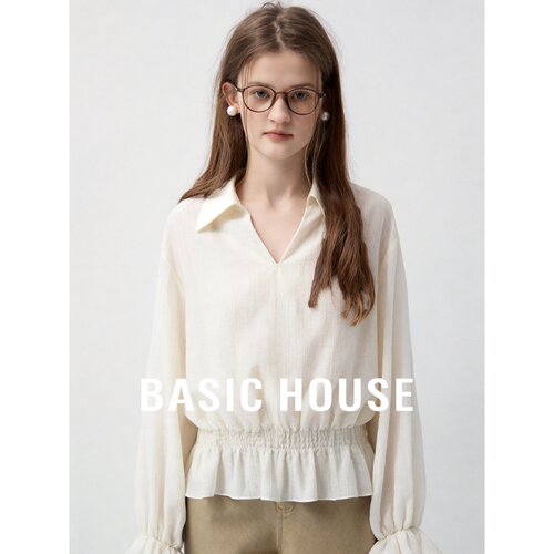 Basic House/百家好法式老钱风V领系带收腰衬衫女木耳边简约上衣
