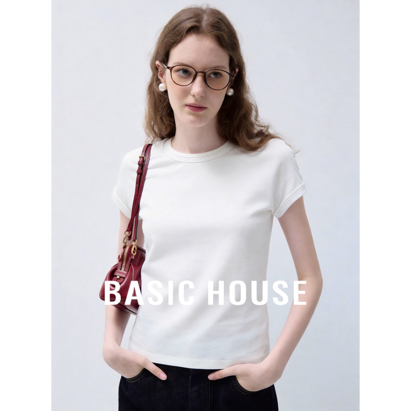 Basic House/百家好白色圆领短袖T恤羊毛莱赛尔修身女夏极简韩版