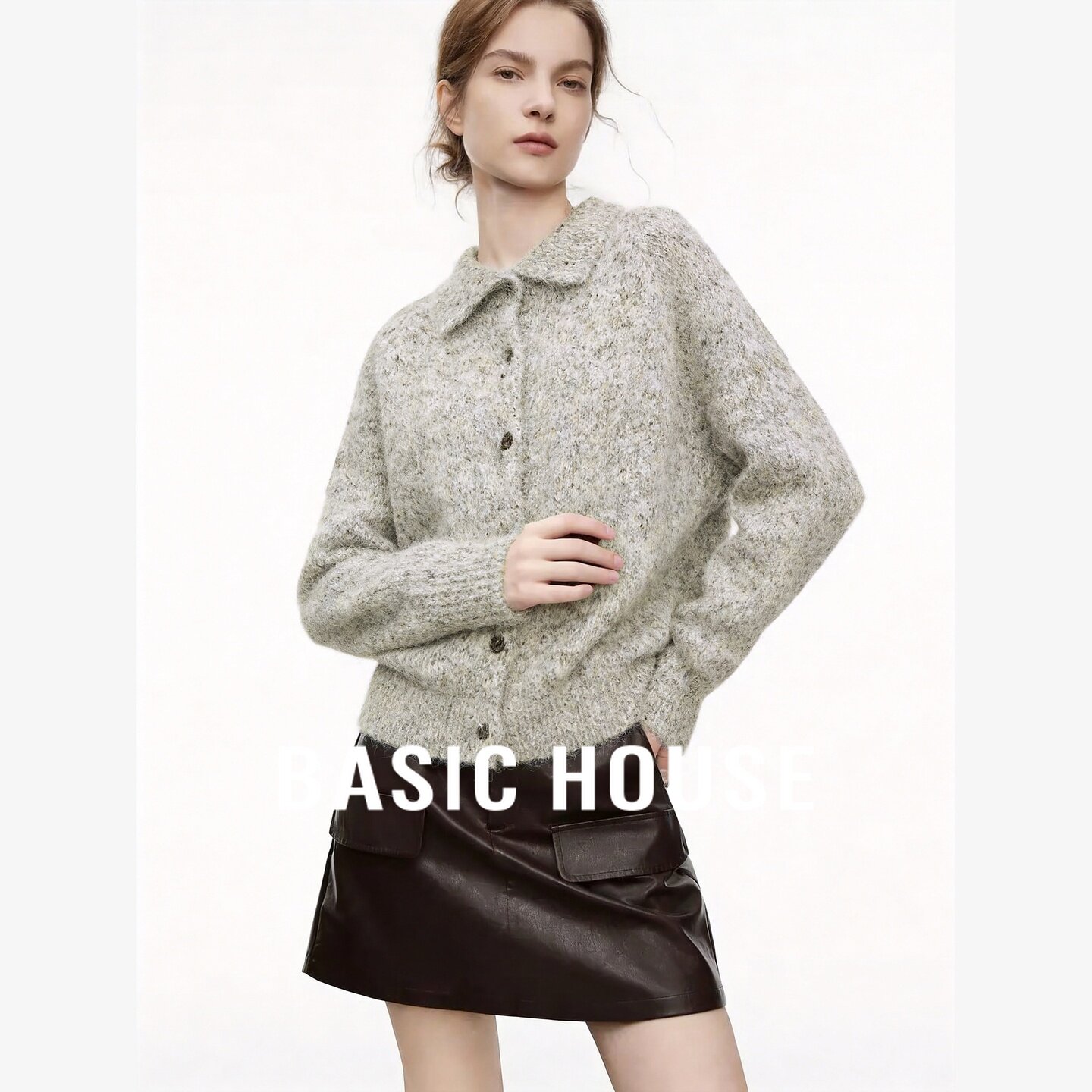Basic House/百家好老钱风翻领羊毛针织开衫慵懒质感保暖毛衣外套
