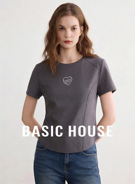 Basic House/百家好圆领爱心短袖T恤春百搭短款正肩圆弧下摆上衣