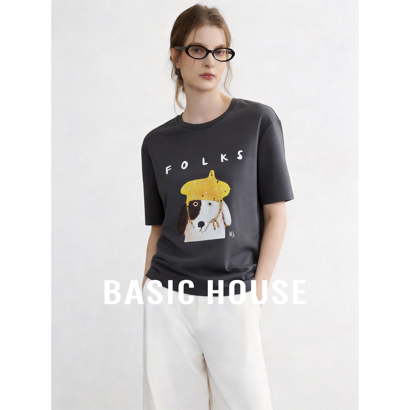 Basic House/百家好撞色卡通印花短袖T恤女夏季圆领宽松套头上衣