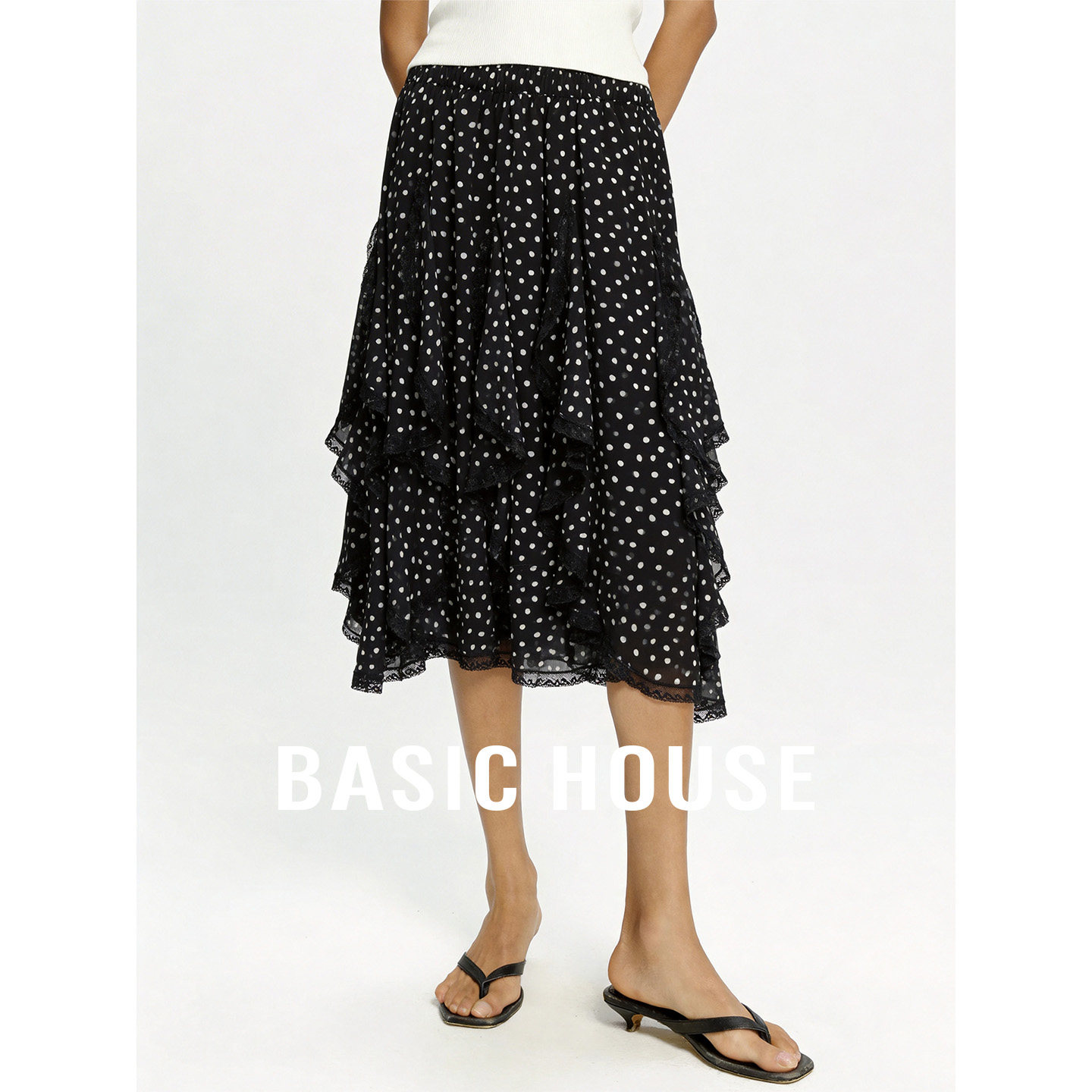 Basic House/百家好蕾丝拼接波点半身裙女夏季高腰宽松中长款裙子