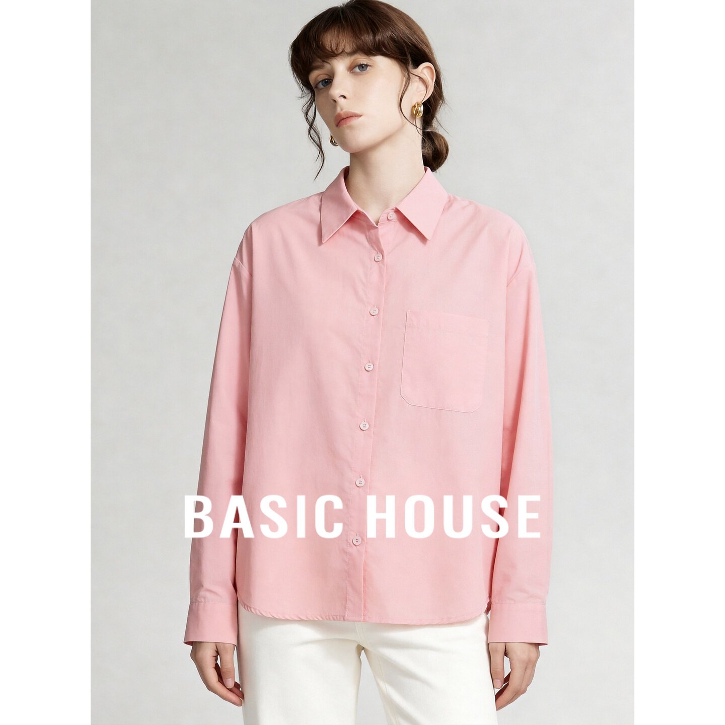 Basic House/百家好粉色长袖衬衫女翻领宽松百搭通勤上衣早秋穿搭