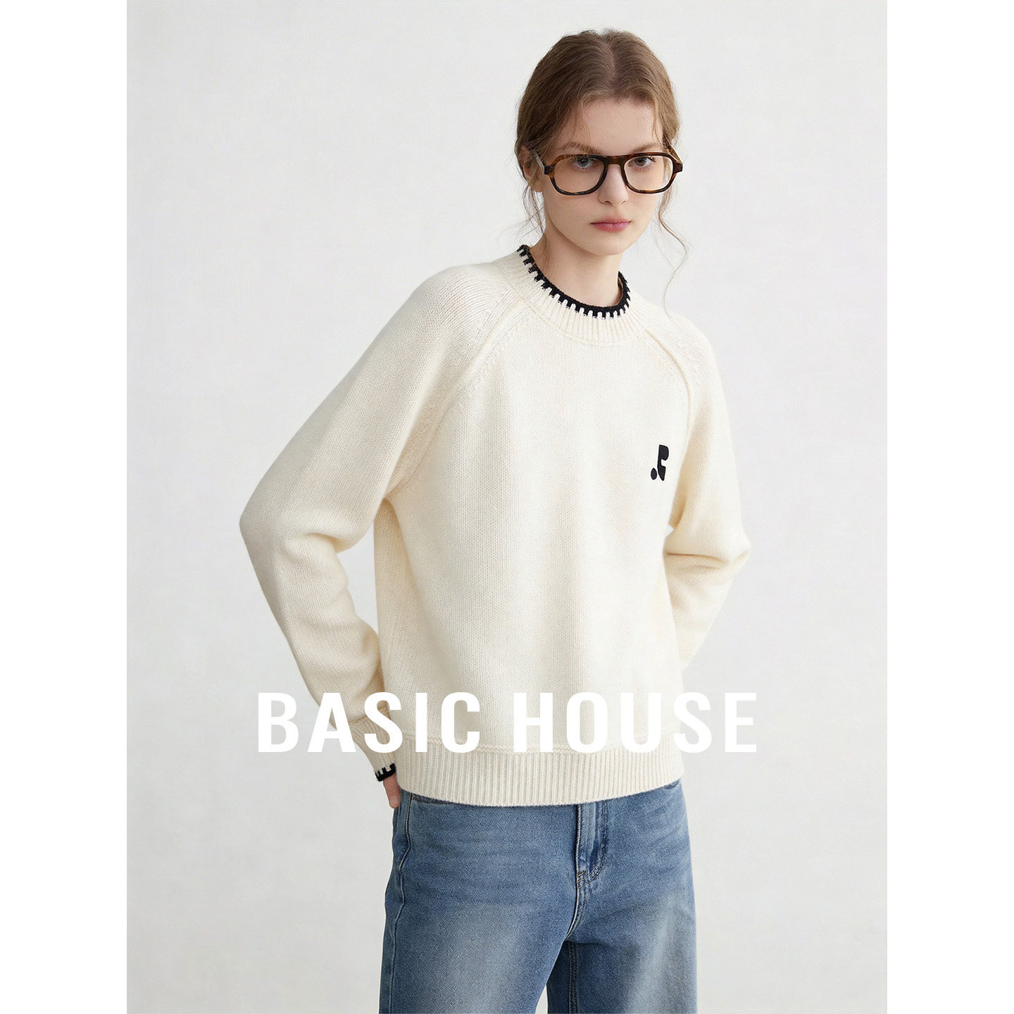 Basic House/百家好绵羊毛撞色圆领短款针织衫2026插肩袖宽松上衣