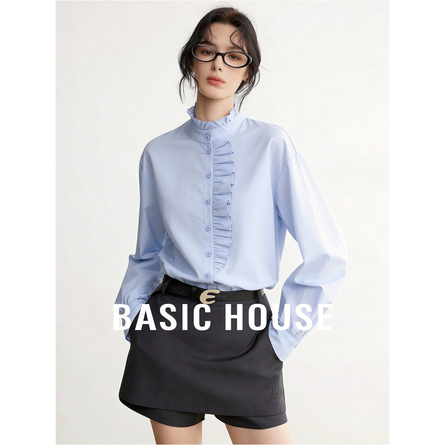 Basic House/百家好蓝色立领小众设计衬衫女春季荷叶边超好看内搭