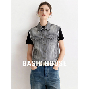 Basic House/百家好复古牛仔马甲春季翻领单排扣宽松叠穿外套女