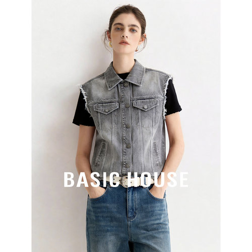 Basic House/百家好复古牛仔马甲秋季翻领单排扣宽松叠穿外套女