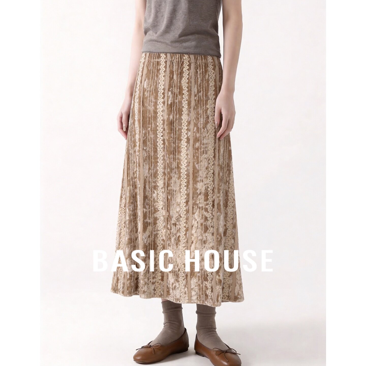Basic House/百家好复古蕾丝百褶半身裙女中长驼色A字裙高腰显瘦