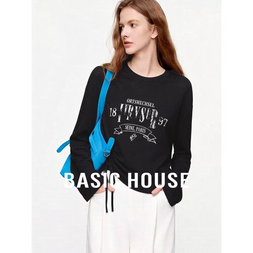 Basic House/百家好韩版高街风字母印花长袖T恤女抽绳百搭上衣