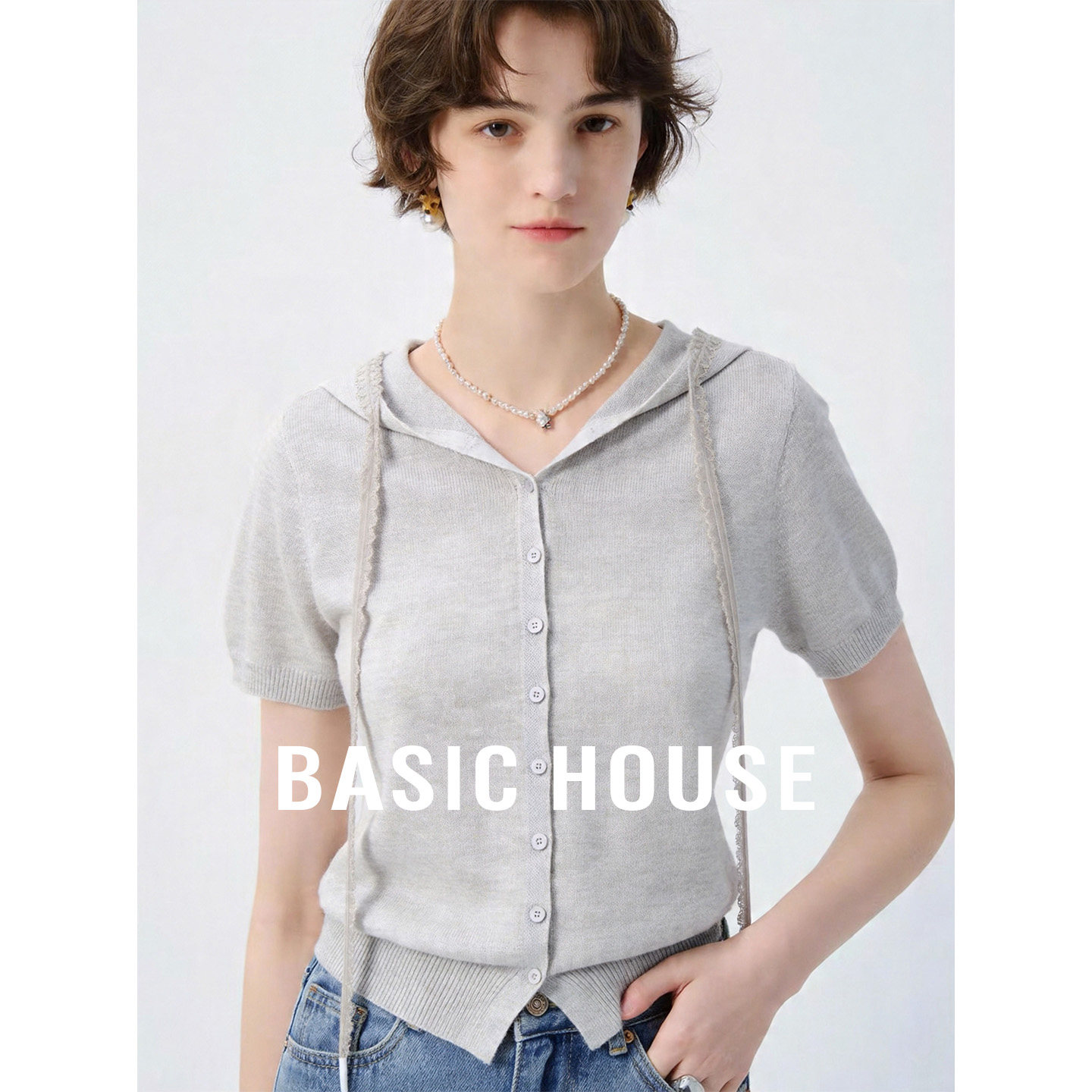 Basic House/百家好连帽蕾丝拼接短袖针织衫夏季纯色短款开衫上衣