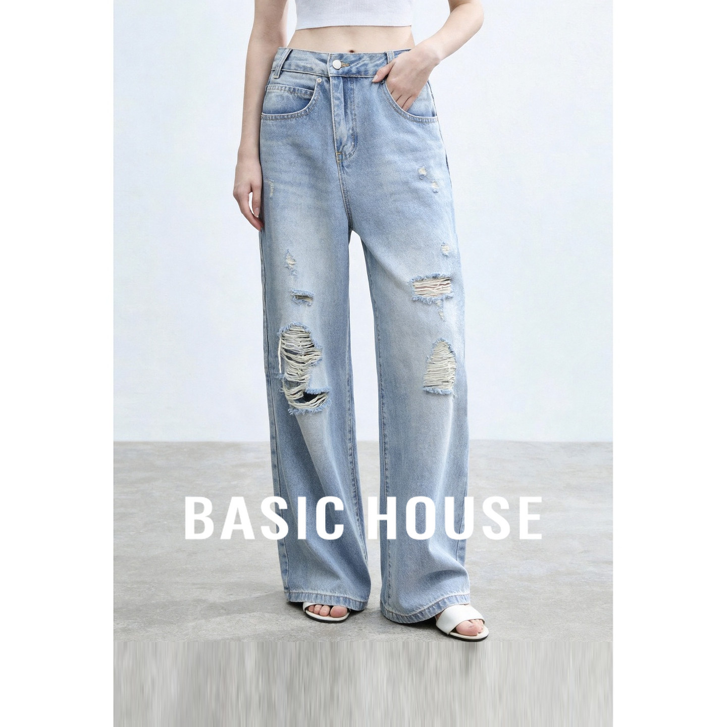 Basic House/百家好蓝色破洞直筒牛仔裤女夏季高腰显瘦宽松阔腿裤