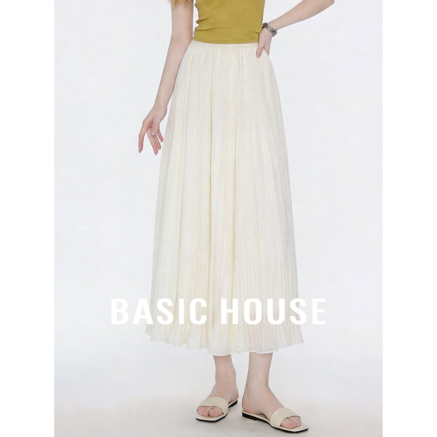 Basic House/百家好简约百褶半身裙女米白色长裙高腰显瘦A字裙