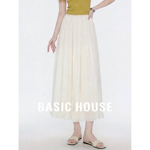 Basic House/百家好简约百褶半身裙女米白色长裙高腰显瘦A字裙