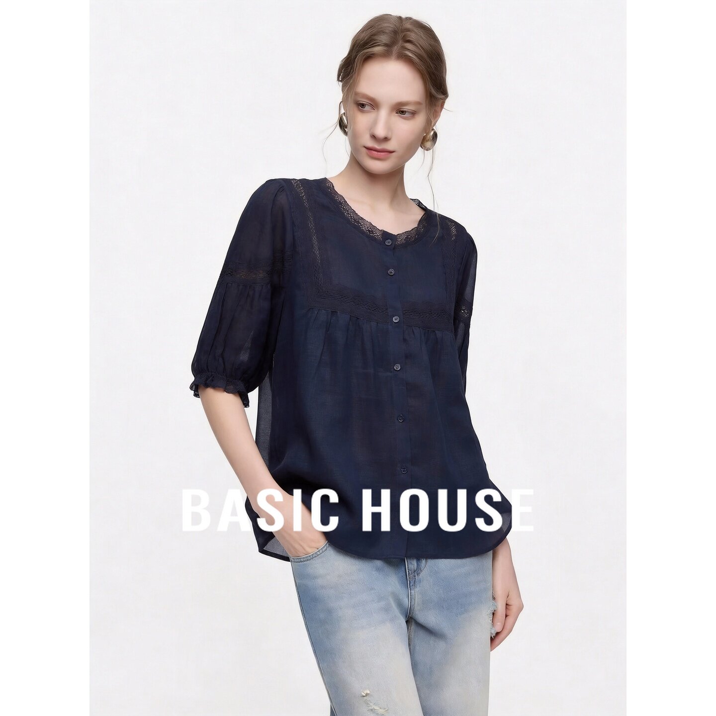 Basic House/百家好纯苎麻藏青色圆领衬衫女韩版蕾丝宽松透气上衣