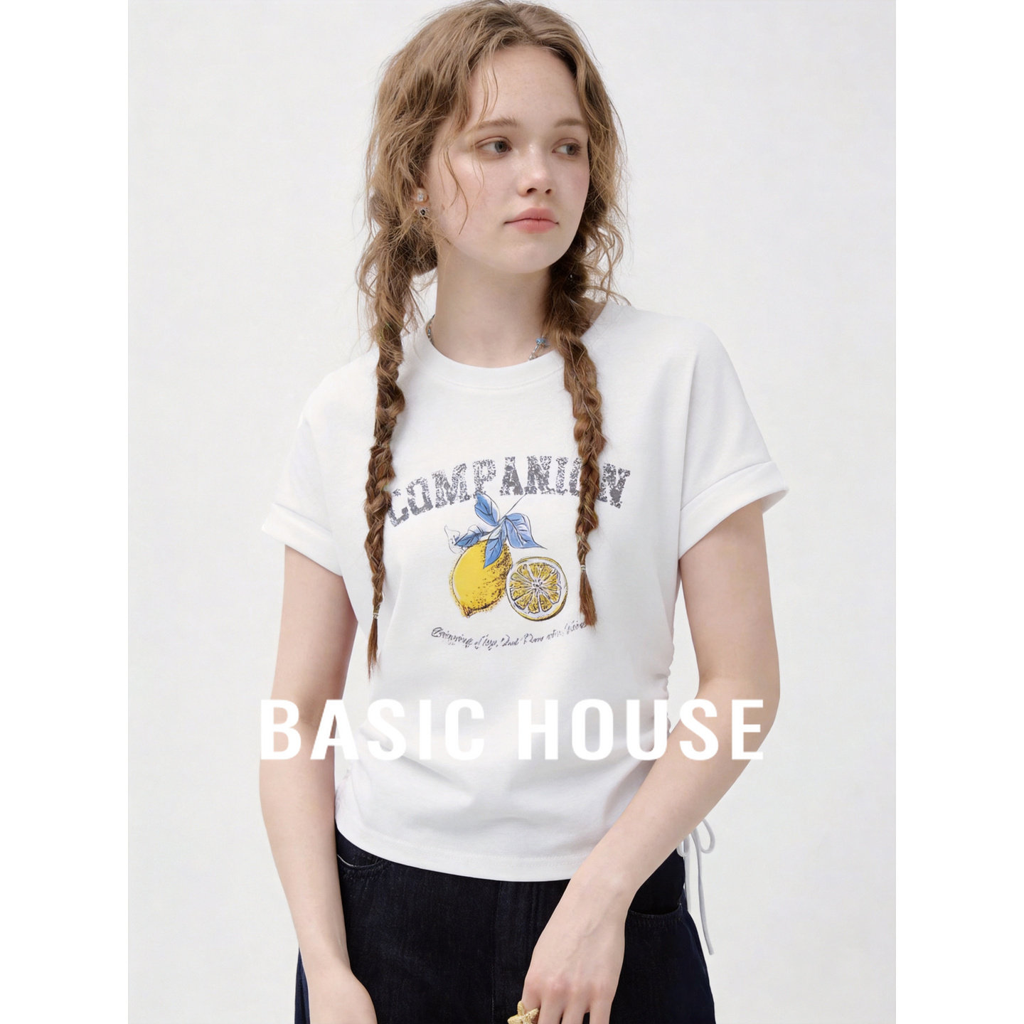 Basic House/百家好韩系短款白色短袖T恤女夏季新款抽绳显瘦上衣
