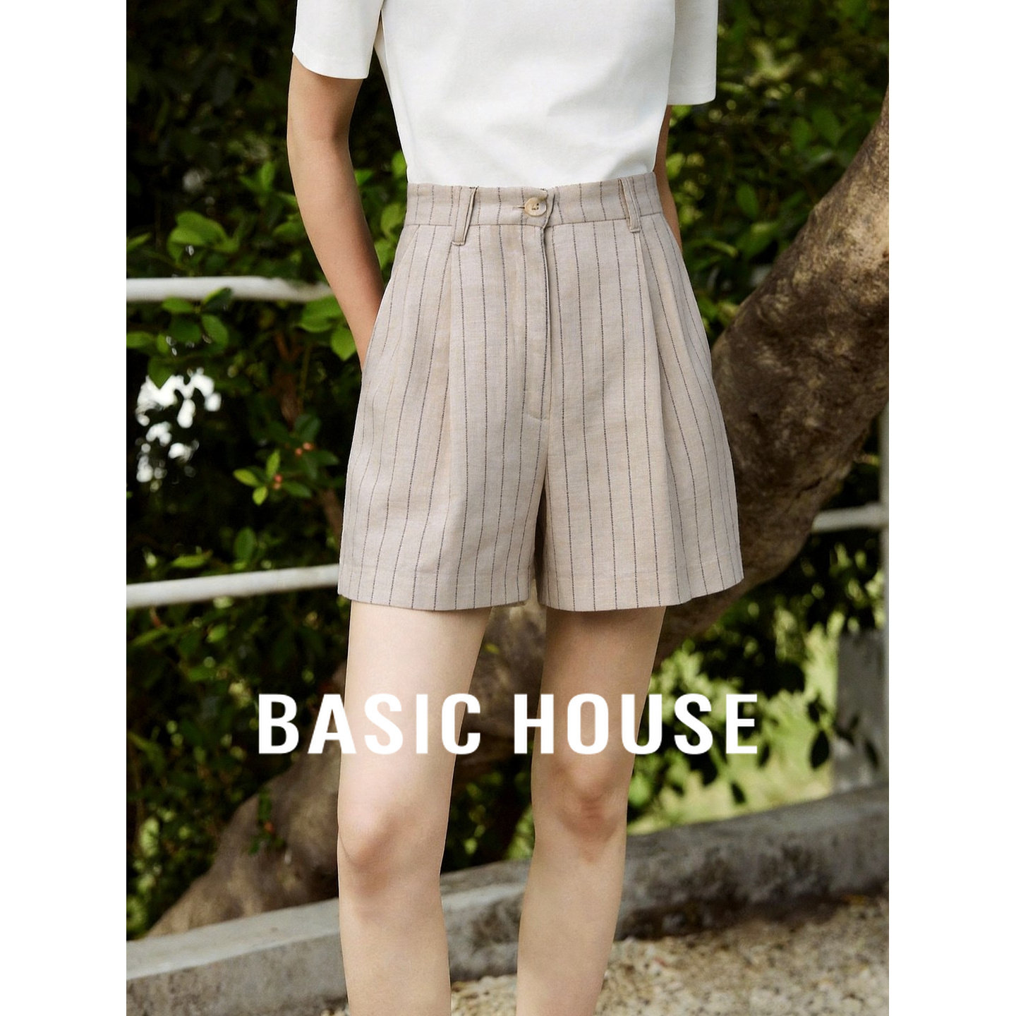 Basic House/百家好亚麻条纹短裤女夏高腰显瘦百搭休闲裤舒适透气
