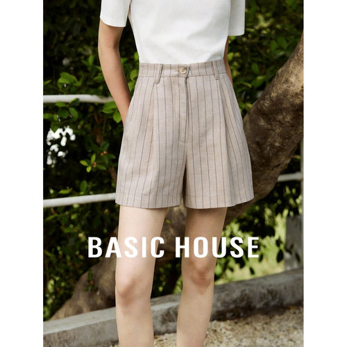 Basic House/百家好亚麻条纹短裤女夏高腰显瘦百搭休闲裤舒适透气