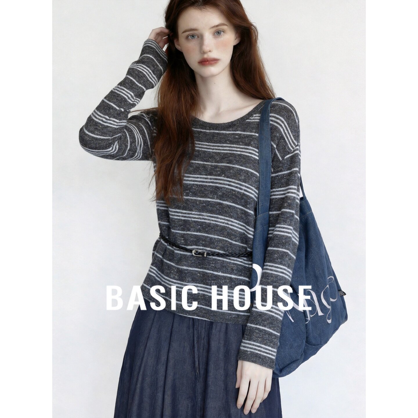 Basic House/百家好设计感腰带条纹圆领长袖T恤女秋宽松百搭上衣