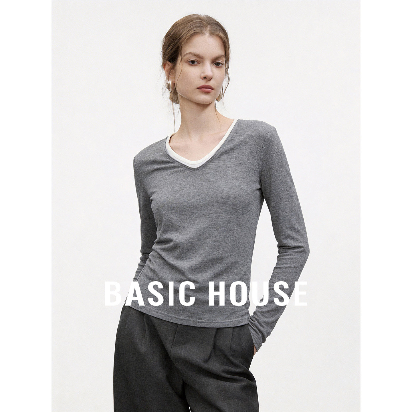 Basic House/百家好灰色撞色修身显瘦打底衫女夏季可内搭外穿T恤