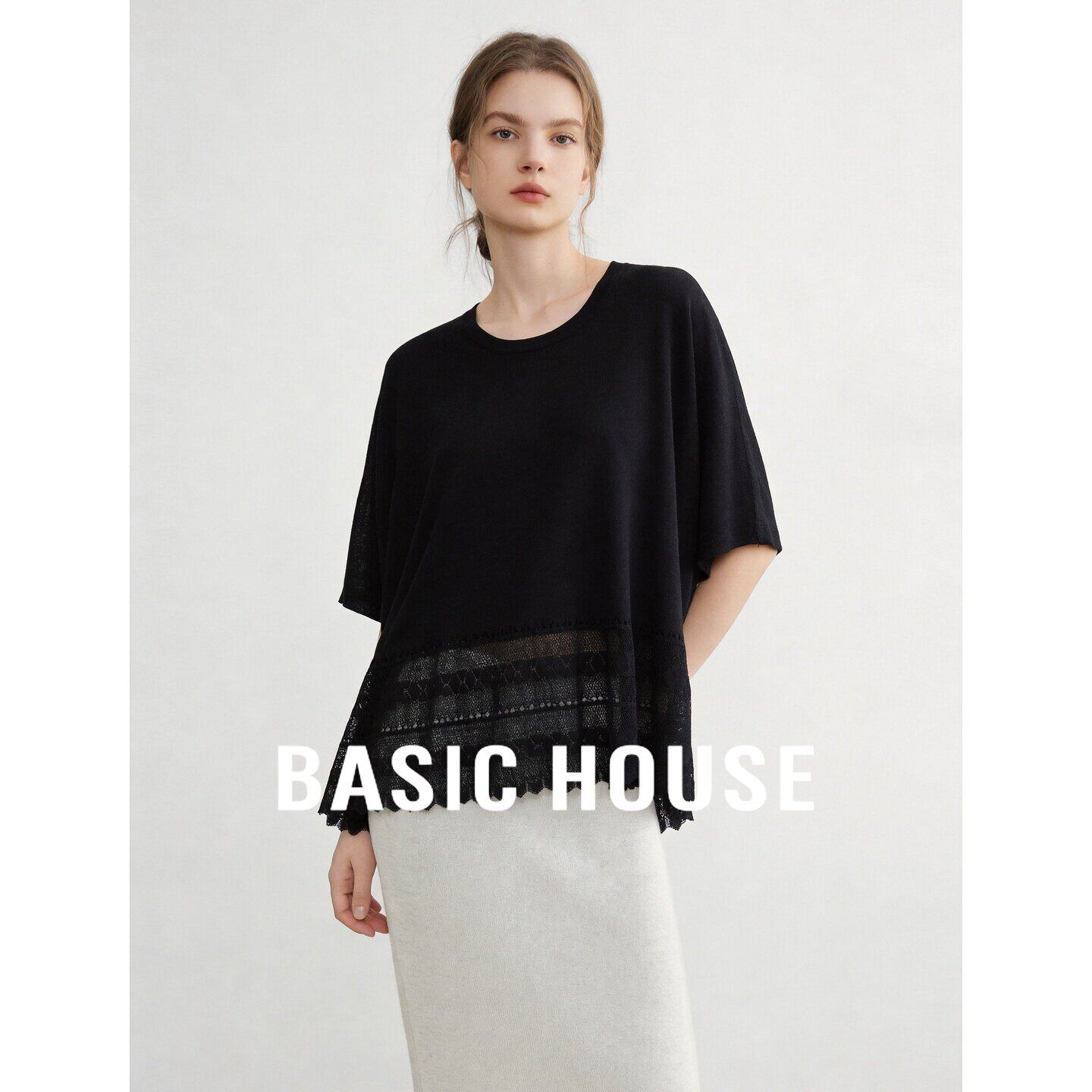 Basic House/百家好高级感黑色圆领蕾丝拼接蝙蝠袖针织衫女夏上衣