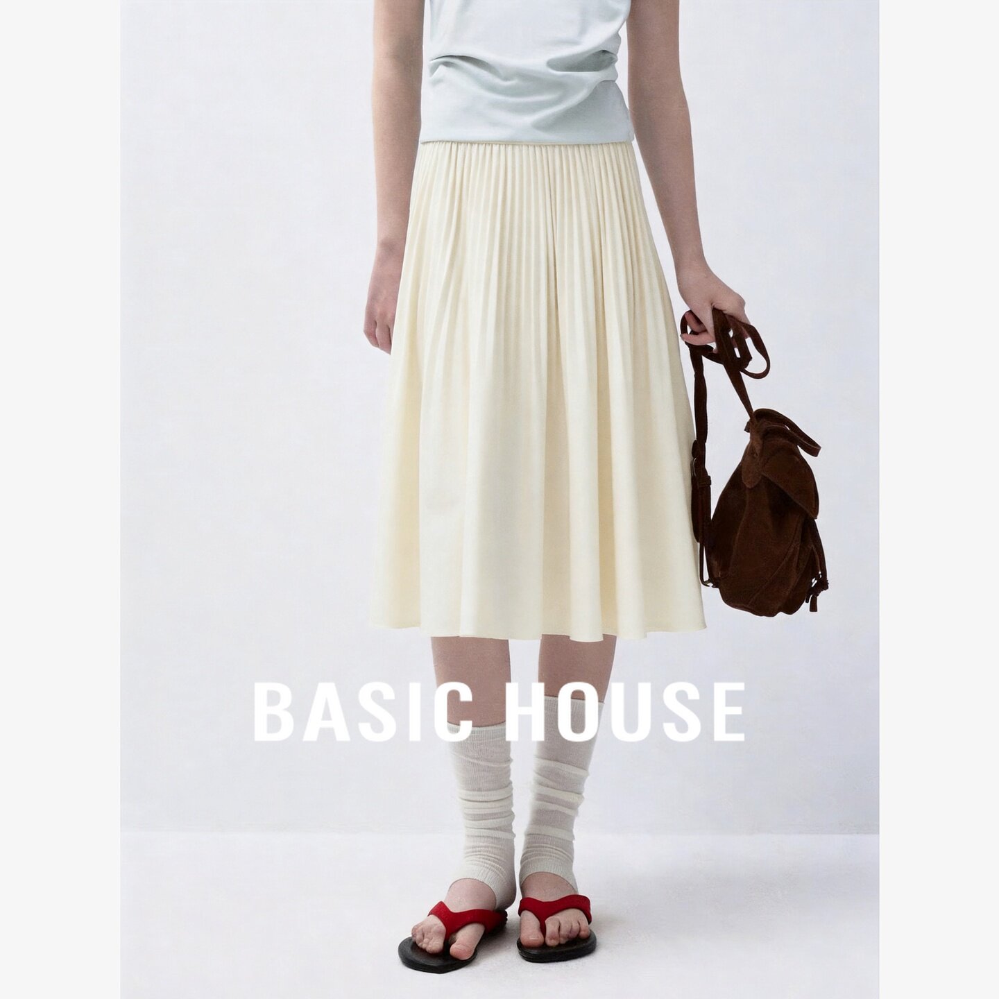 Basic House/百家好法式高腰百褶半身裙女装中长款宽松显瘦大摆裙