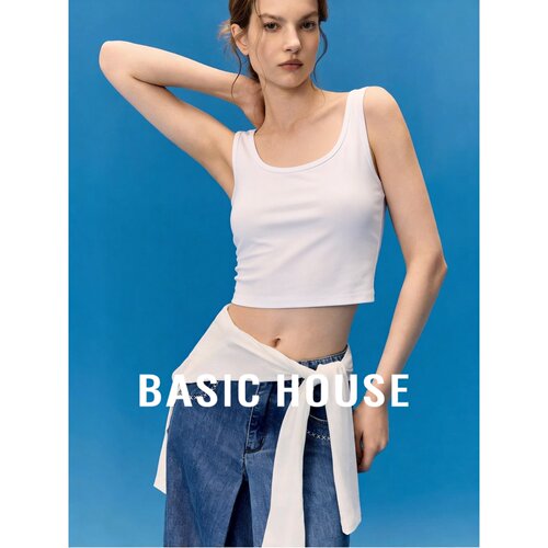 Basic House/百家好白色短款吊带背心宽肩带百搭内搭打底纯色透气