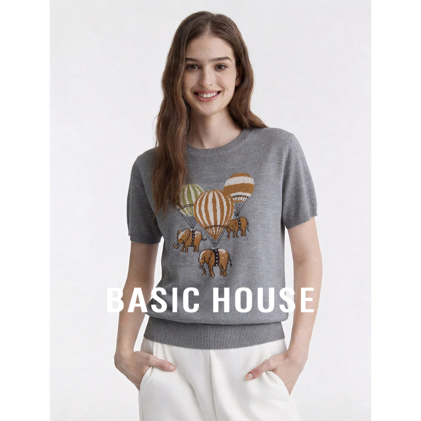 Basic House/百家好卡通小象图案短袖T恤女夏桑蚕丝圆领针织上衣