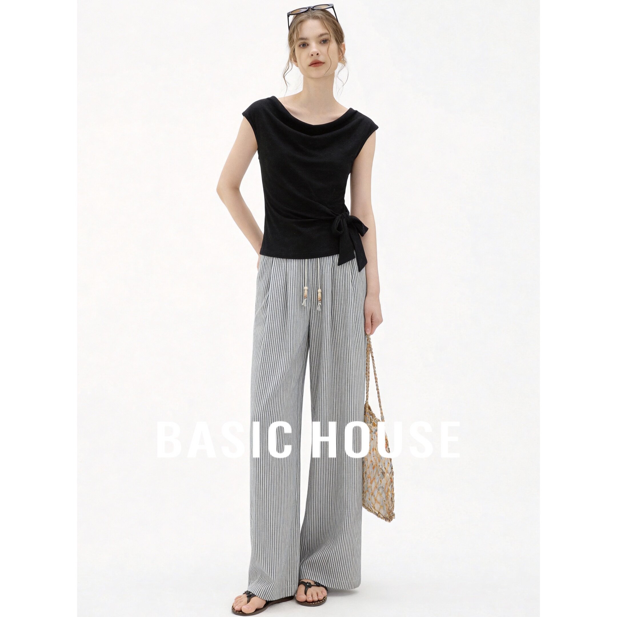 Basic House/百家好简约风扭结系带上衣阔腿裤套装女夏显瘦两件套