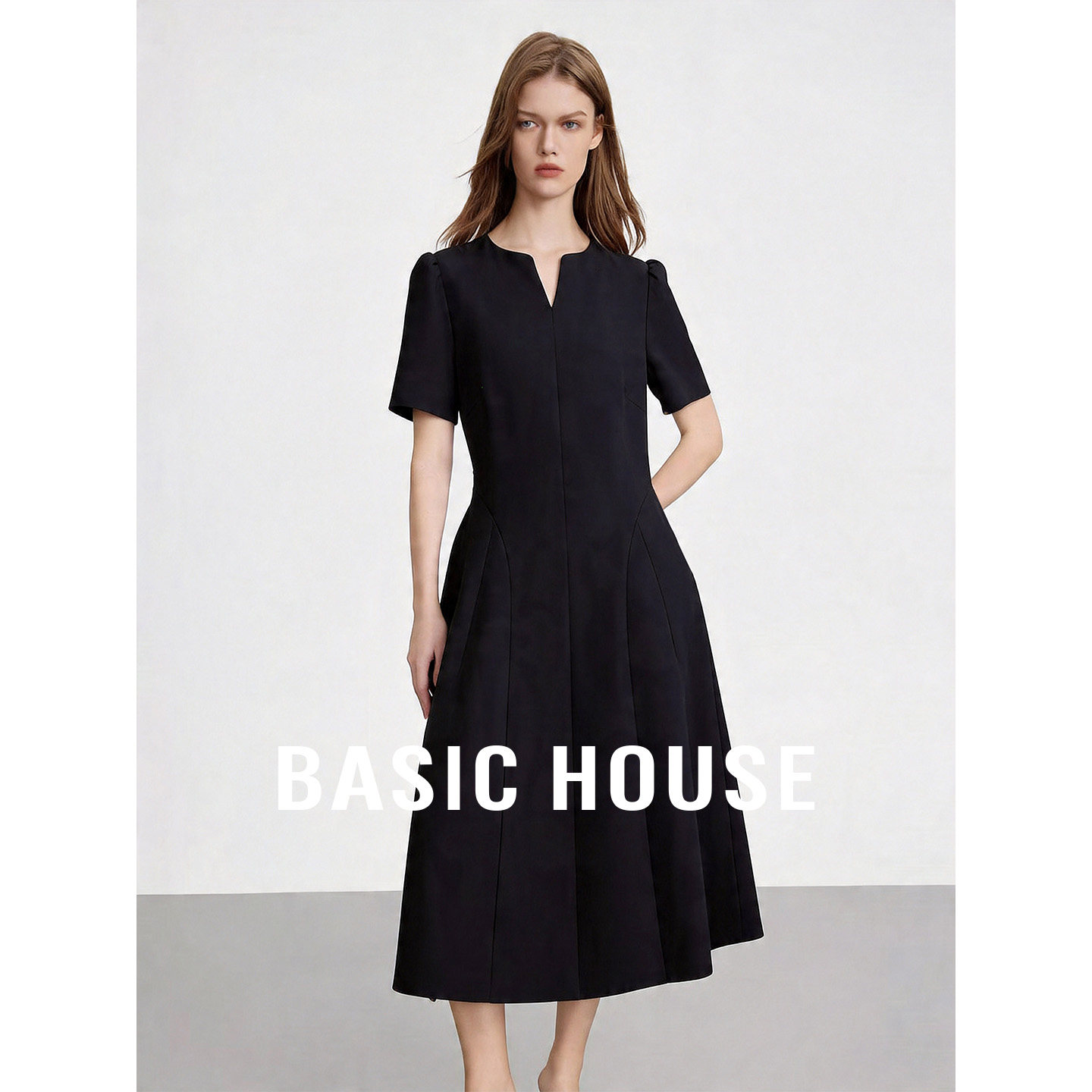 Basic House/百家好法式收腰长款连衣裙夏季气质纯色短袖A字裙子