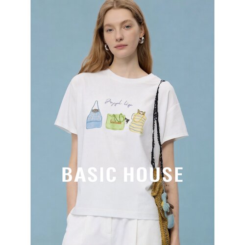 Basic House/百家好圆领休闲风短袖T恤女26夏季白色宽松显瘦上衣