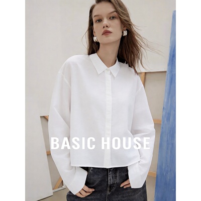 Basic House/百家好基础款翻领短款衬衫女宽松百搭通勤显瘦衬衣