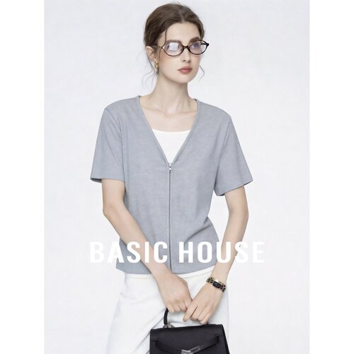 Basic House/百家好简约百搭新款假两件拉链短袖T恤女灰色设计感