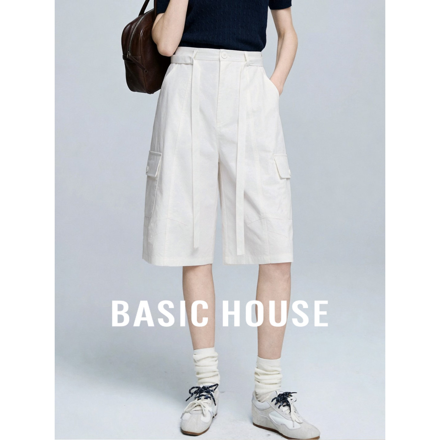 Basic House/百家好白色高腰工装阔腿裤女夏季宽松小个子五分短裤