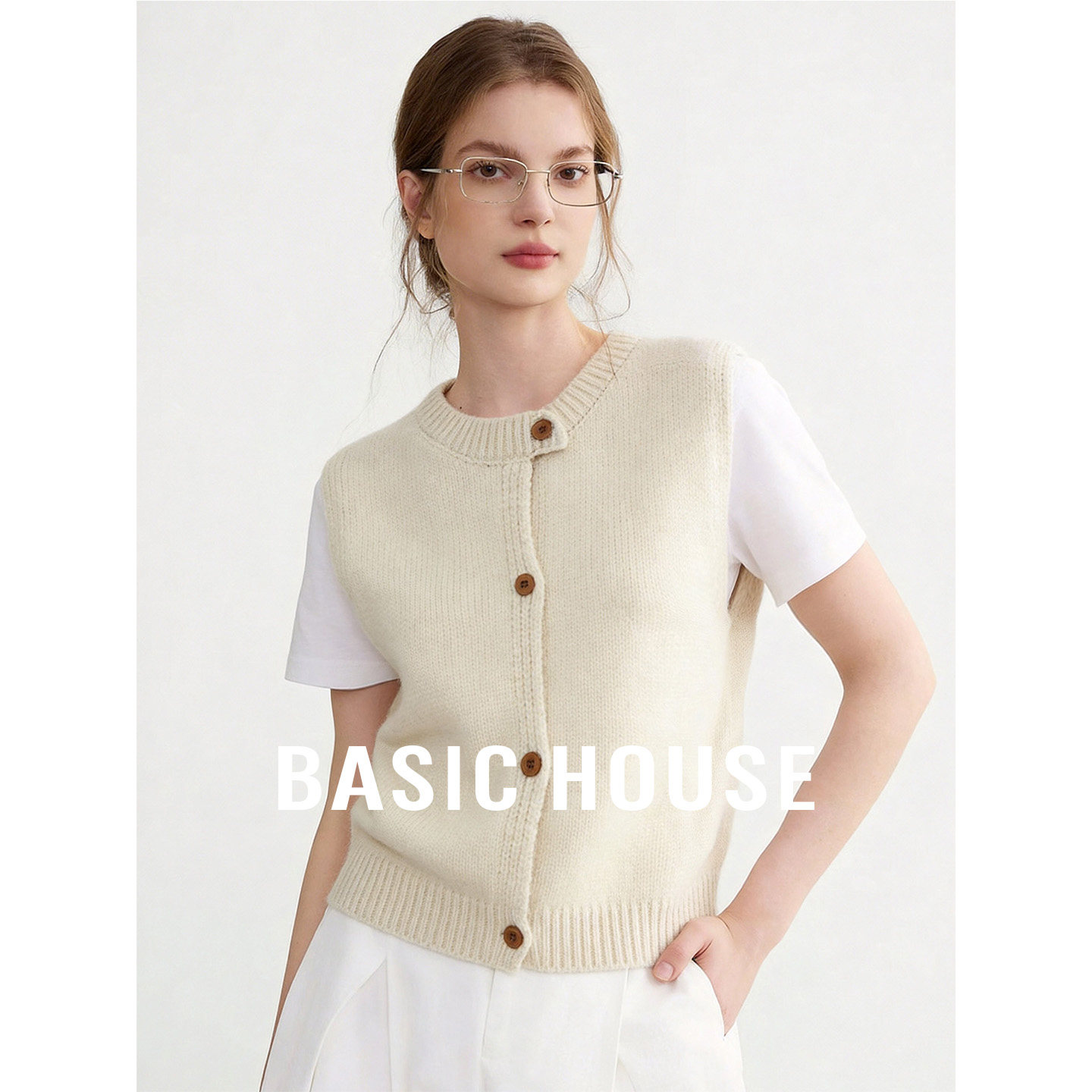 Basic House/百家好黄色圆领简约叠穿马甲女春季新款百搭无袖坎肩