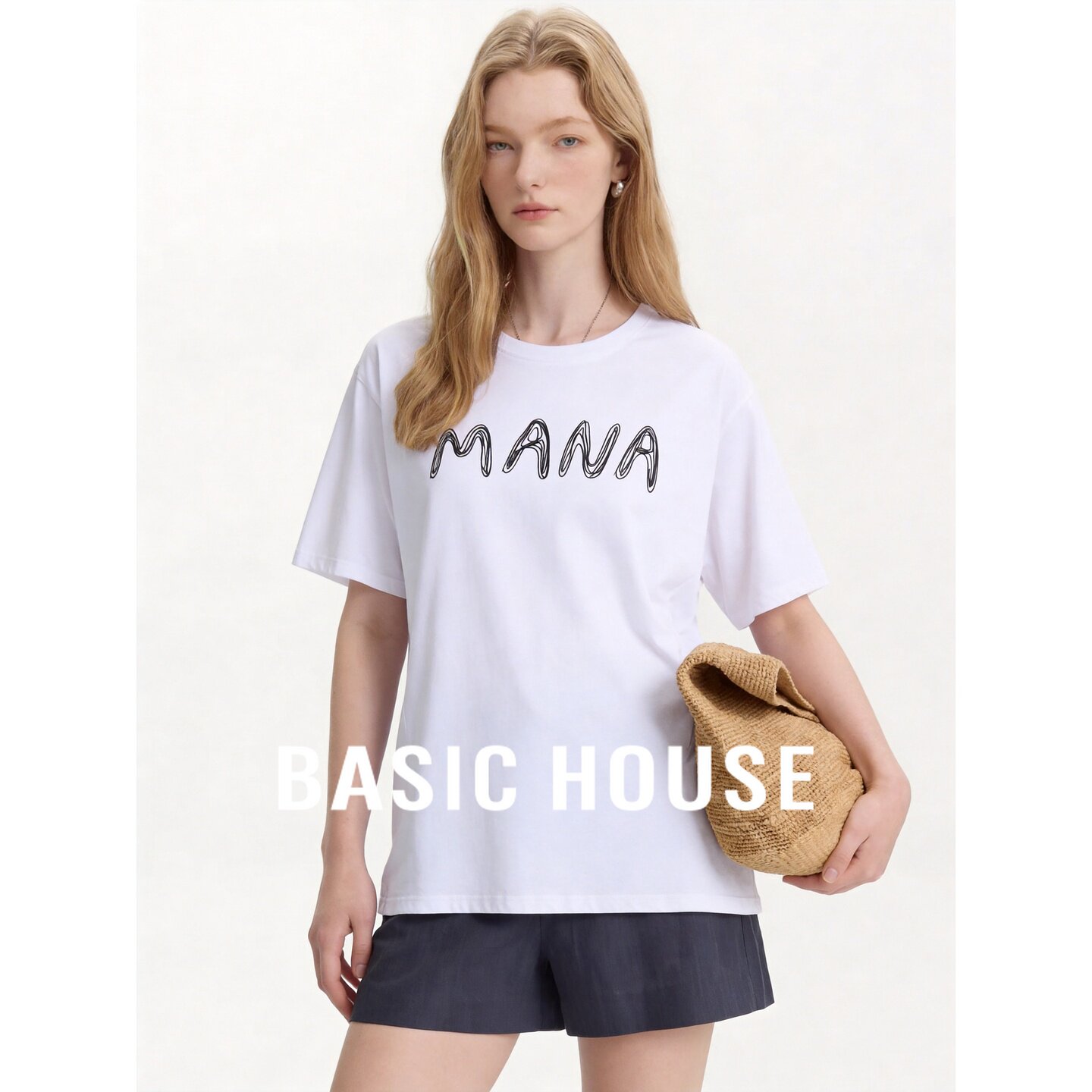 Basic House/百家好宽松字母印花短袖T恤女白色圆领正肩显瘦上衣
