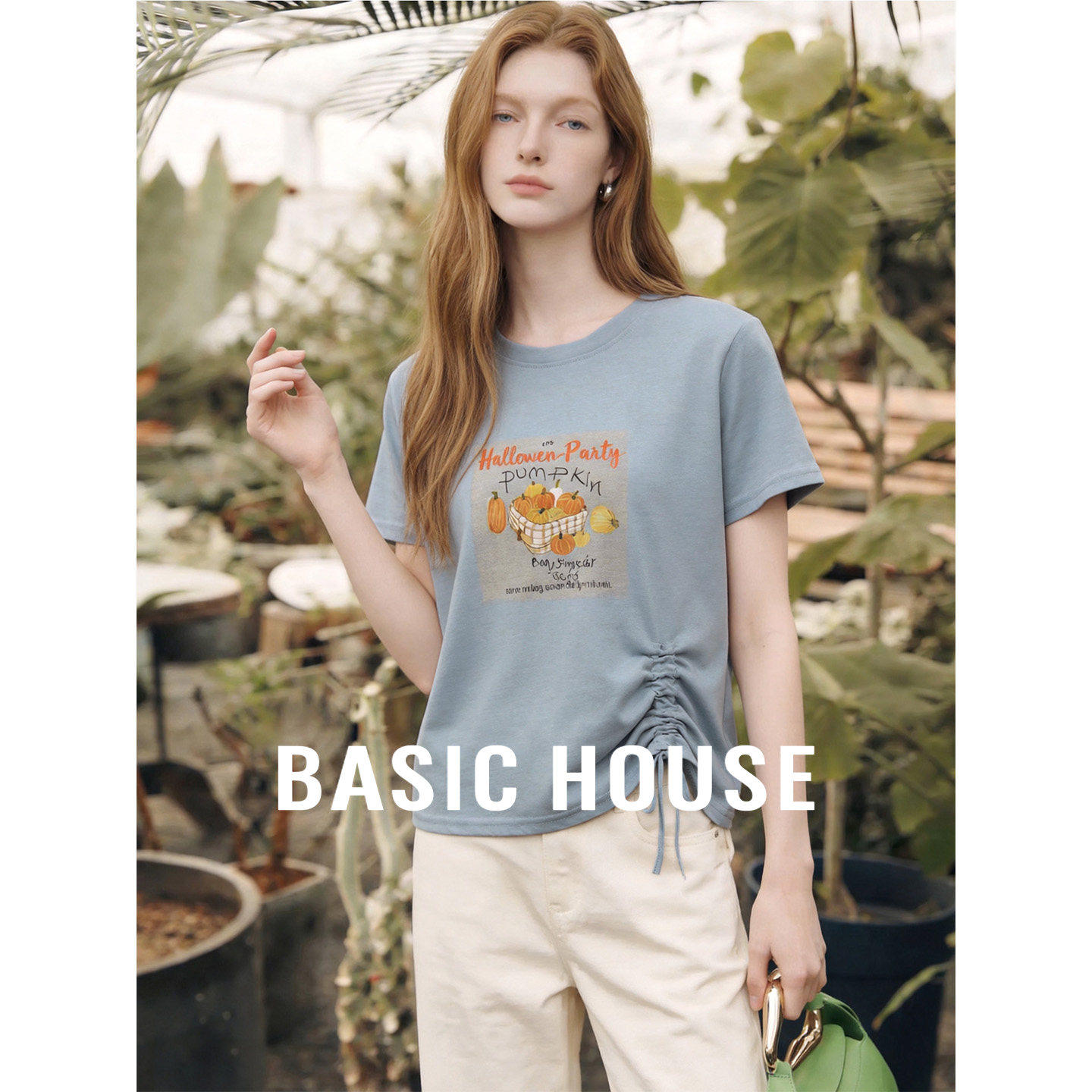 Basic House/百家好水果印花短袖女设计感收腰显瘦T恤2026夏新款