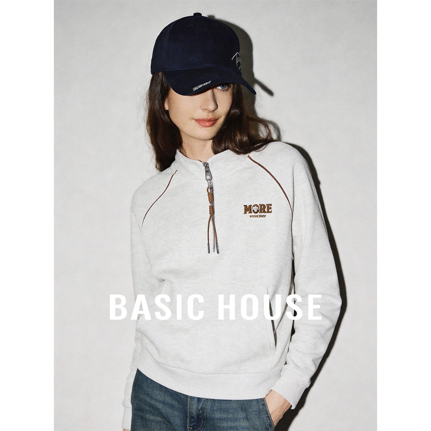 Basic House/百家好美式复古半拉链立领卫衣秋季宽松显瘦套头上衣