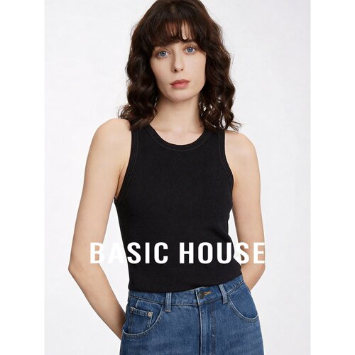 Basic House/百家好黑色羊毛无袖背心女夏修身针织上衣极简新款