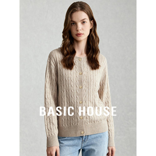 Basic House/百家好米色圆领绞花针织开衫女春季新款简约百搭上衣