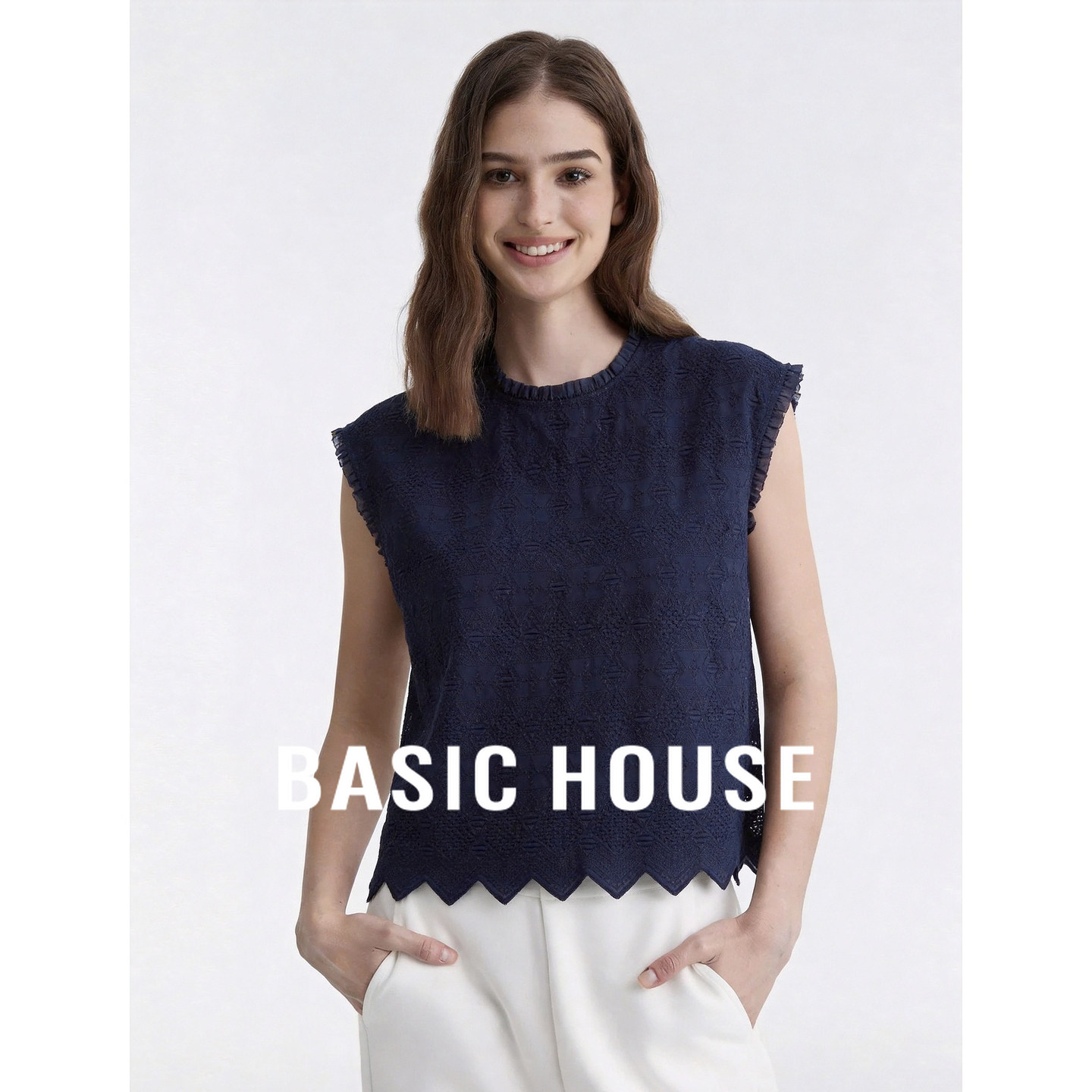 Basic House/百家好气质花边无袖衬衫女夏设计感镂空花边纯棉上衣