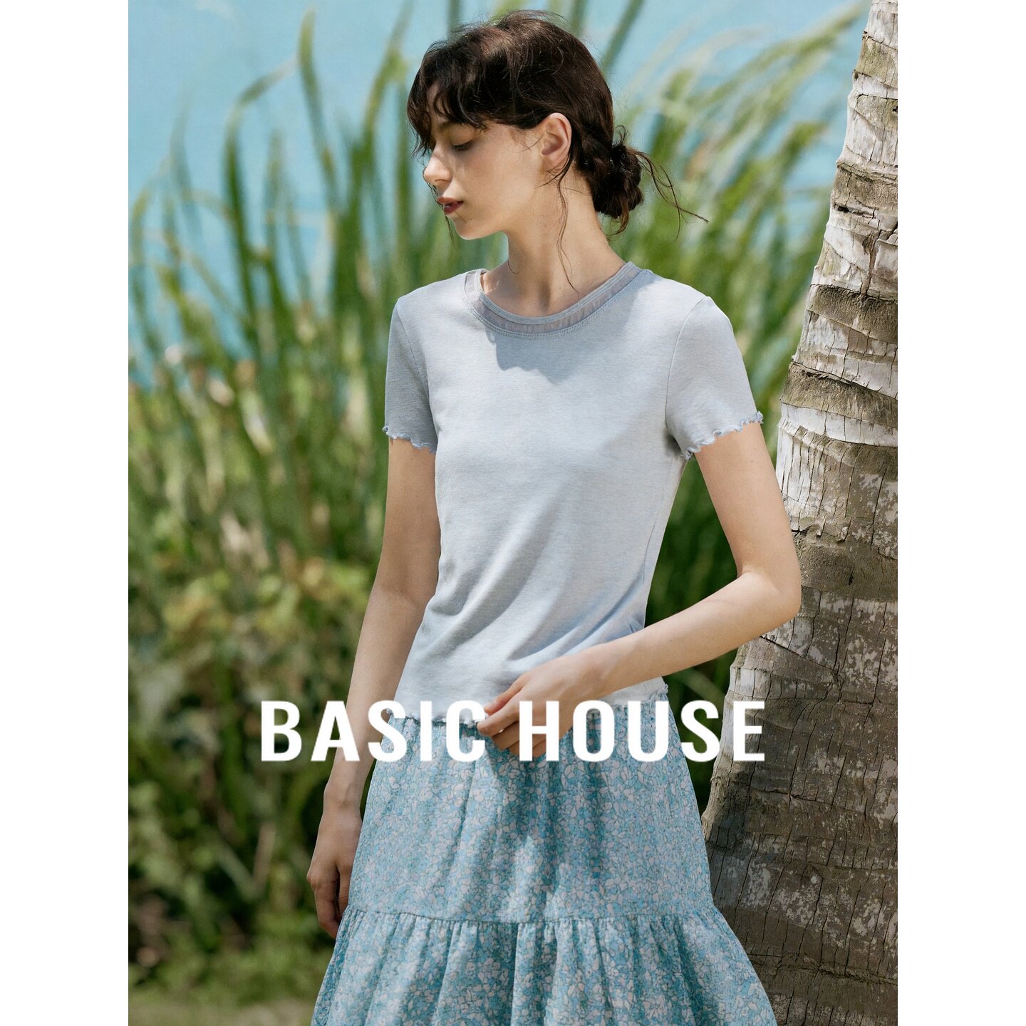 Basic House/百家好木耳边短袖T恤女莱赛尔灰蓝色宽松设计感上衣