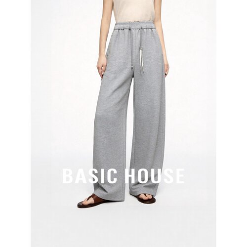 Basic House/百家好设计感系带拼接阔腿裤女宽松直筒休闲裤百搭