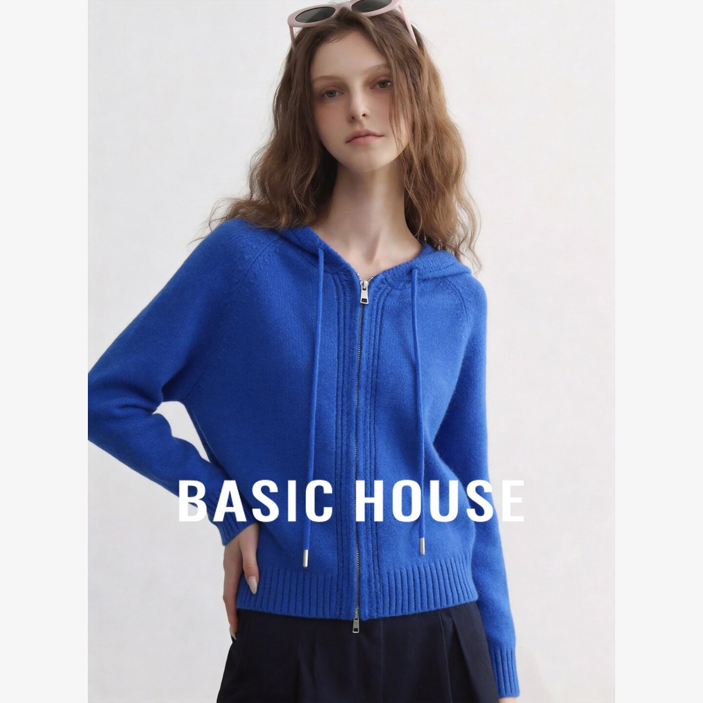 Basic House/百家好极简风连帽拉链针织开衫女装宽松百搭外套毛衣