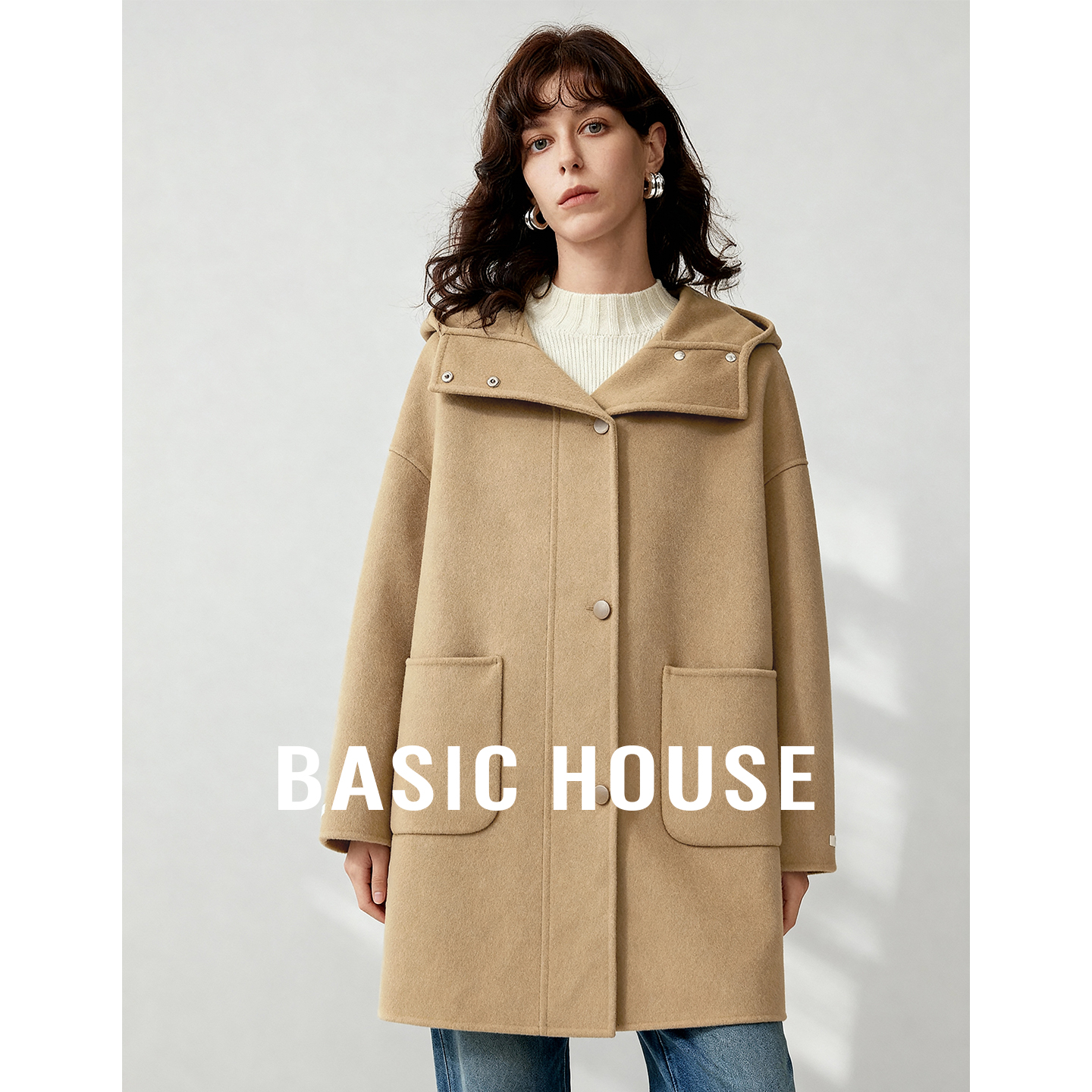 Basic House/百家好简约宽松连帽羊毛呢子大衣女秋冬保暖中长外套