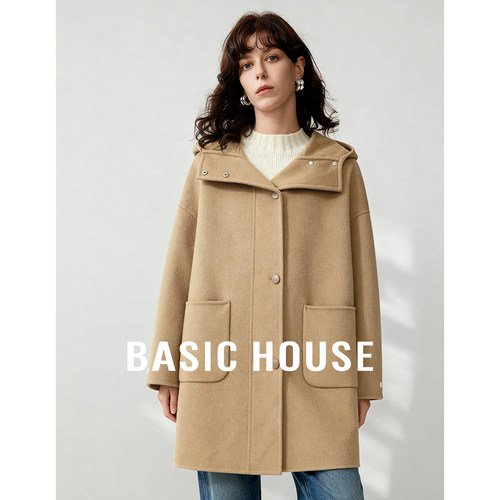 Basic House/百家好简约宽松连帽羊毛呢子大衣女秋冬保暖中长外套