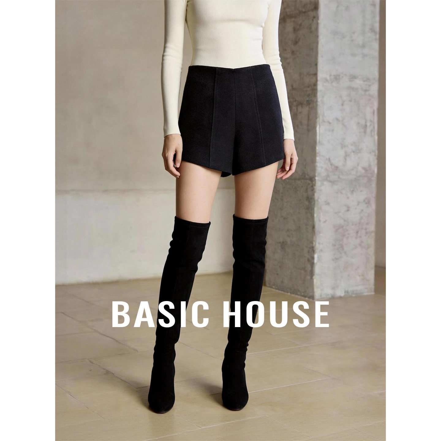 Basic House/百家好黑色高腰直筒短裤女26夏季新款外穿A字阔腿裤