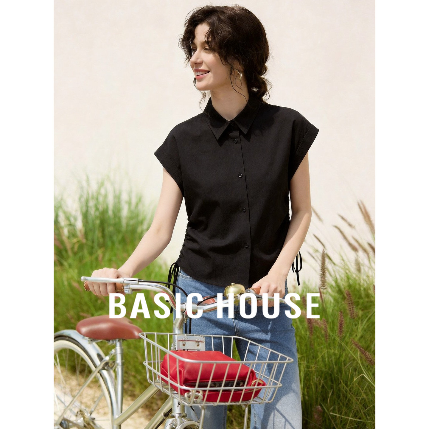 Basic House/百家好黑色翻领短袖衬衫女夏季日常通勤宽松显瘦上衣
